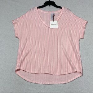 Grace + Karma Rib Top Women's XL Pink White Striped V Neck Short Sleeve NWT